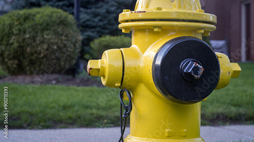 Close-up of a yellow fire hydrant with a black hose cover in front of a lawn with green grass, bushes and pine trees beside a brick wall with opened door and windows