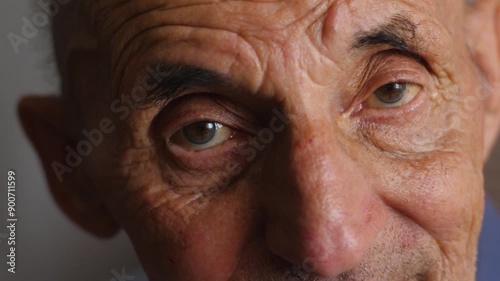 portrait of cheerful Caucasian elderly man 70-79 years old looking at camera, close-up eyes kind pensioner with wrinkles