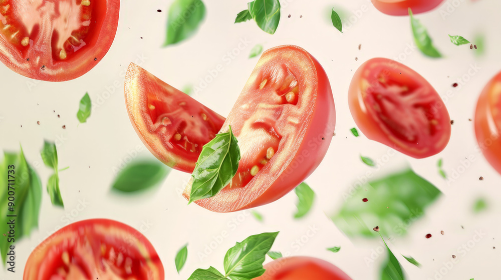 tomato with half slices falling or floating tomato with half slices falling or floating