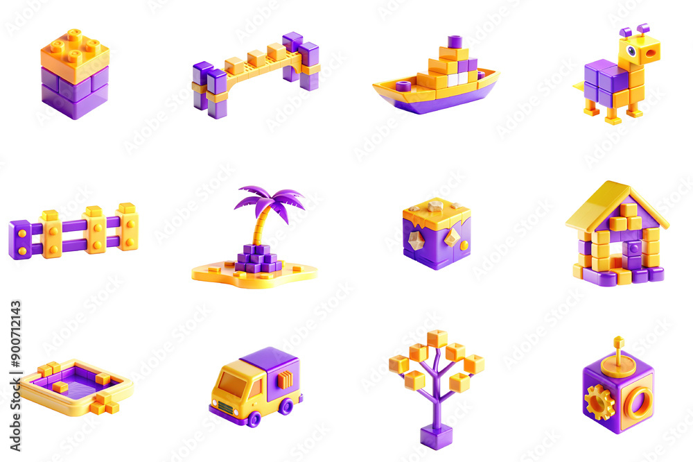 Sandbox games concept of 3D icons set in modern web design. Pack isolated objects of constructor cubes in bridge, ship, dinosaur, fence, palm tree island, house, pool models and other illustrations. Sandbox games concept of 3D icons set in modern web design. Pack isolated objects of constructor cubes in bridge, ship, dinosaur, fence, palm tree island, house, pool models and other illustrations.