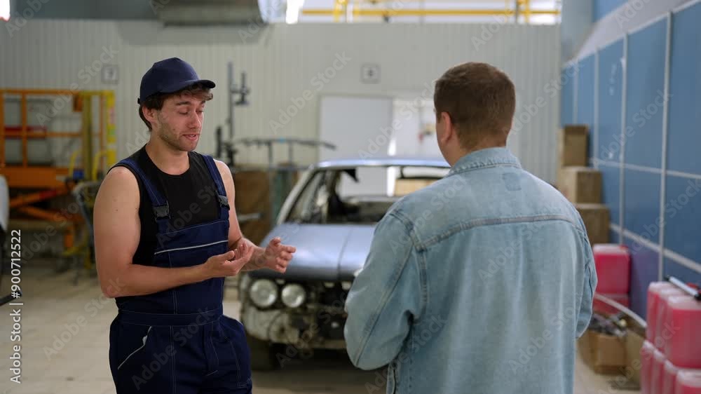 Automotive mechanic male in overalls and cap explaining car condition to man client in garage. Vehicle service manager work in workshop point at vehicle part to customer man for maintenance car engine Automotive mechanic male in overalls and cap explaining car condition to man client in garage. Vehicle service manager work in workshop point at vehicle part to customer man for maintenance car engine