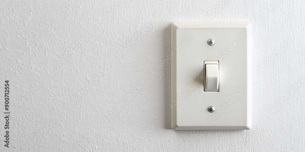 Old fashioned white light switch mounted on a clean white wall providing ample copy space for text or design overlay, isolated on a bright background. Old fashioned white light switch mounted on a clean white wall providing ample copy space for text or design overlay, isolated on a bright background.