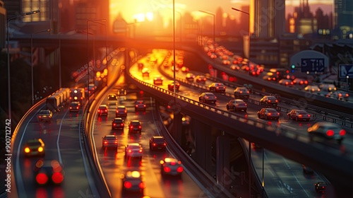 A busy highway interchange at sunset, with cars and trucks moving in different directions, showcasing the complexity of modern transportation networks