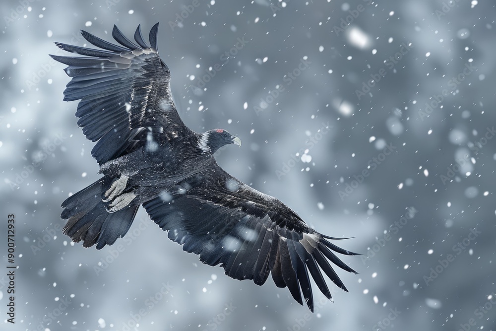 Naklejka premium Powerful eagle soars amid a tranquil snowfall, showcasing the grace of nature