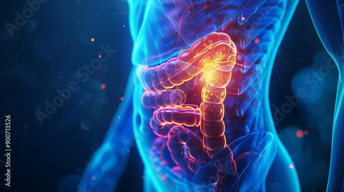 3D X-ray image showing the anatomy of the stomach and intestines. The condition of the digestive system, including the intestines and colon, is visible due to possible inflammation and diseases. 