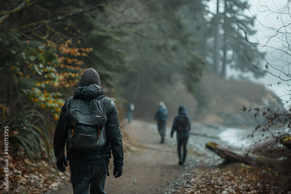 An individual or group walking through a forest An individual or group walking through a forest