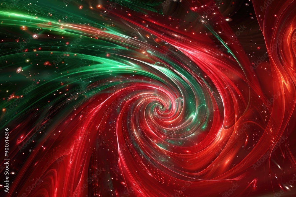 Red and green abstract background with swirling, neon holiday patterns