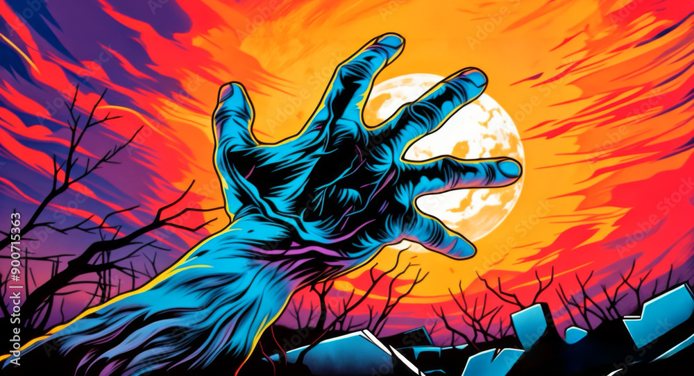 Fototapeta premium Halloween illustration. A hand zombie is reaching out towards a moon in the sky out towards the moon, set against a backdrop of a sunset with orange and blue hues