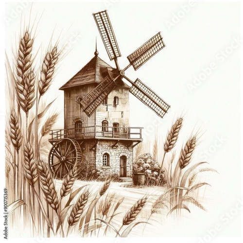 Hand drawing, line art, vintage line drawing, mill, farm, engraving, house, barn, valley, fields, field, meadow, pasture with cows