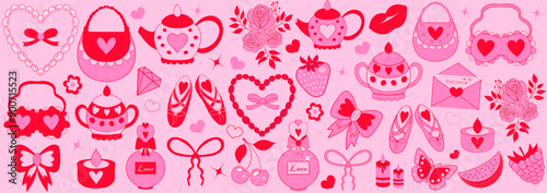 Pink girly coquette y2k aesthetic set, elegant vintage accessory. Lovely cute collection, red cherrie, pink ribbon, bow, balloon dog isolated on white background. Vector illustration