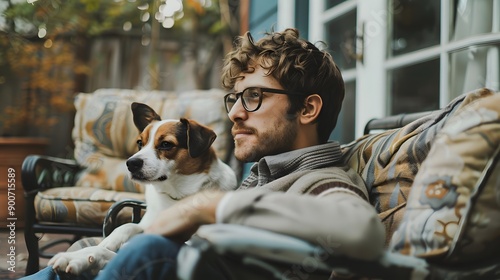 Owner with his jack rassel terrier sitting on terrace at home. Little dog and male dog sitter spending time together outdoor. House sitting and pet care service. Man and puppy cozy warm portrait photo