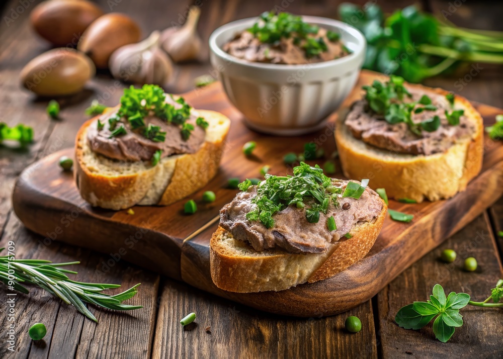 Fresh herbs surround a generous slice of crusty bread topped with a rich and creamy smooth liver pate, perfect for a satisfying lunchtime snack. Fresh herbs surround a generous slice of crusty bread topped with a rich and creamy smooth liver pate, perfect for a satisfying lunchtime snack.