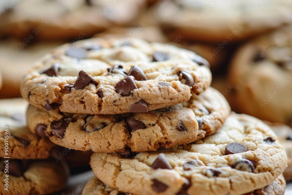 Detailed view of delicious homemade chocolate chip cookies stacked Detailed view of delicious homemade chocolate chip cookies stacked