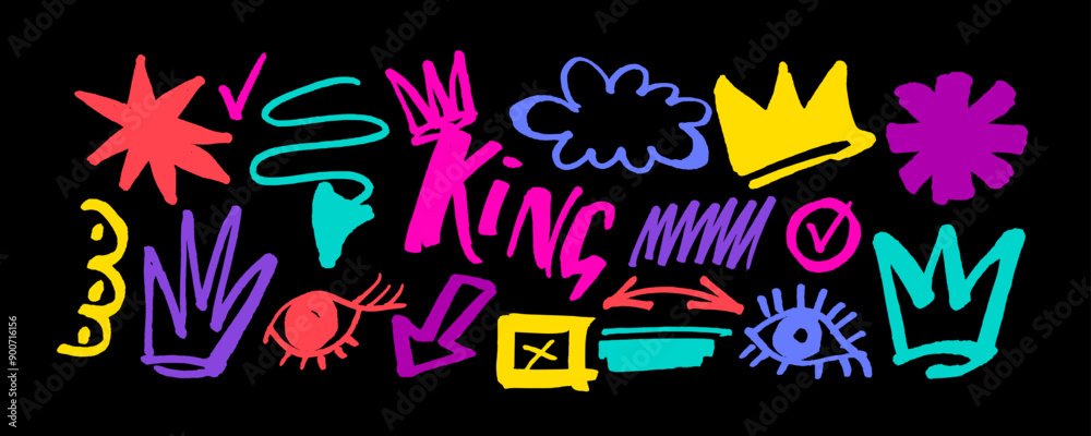 Collection of hand drawn colorful charcoal doodle shapes and squiggles in childish girly style. Pencil drawings isolated on black. Crown, stars, flower, heart and grid doodle collage elements. Collection of hand drawn colorful charcoal doodle shapes and squiggles in childish girly style. Pencil drawings isolated on black. Crown, stars, flower, heart and grid doodle collage elements.
