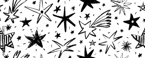 Seamless pattern design with doodle stars and comets. Hand drawn charcoal doodle magic stars. Childish style of meteoroid, comet and asteroid. 
