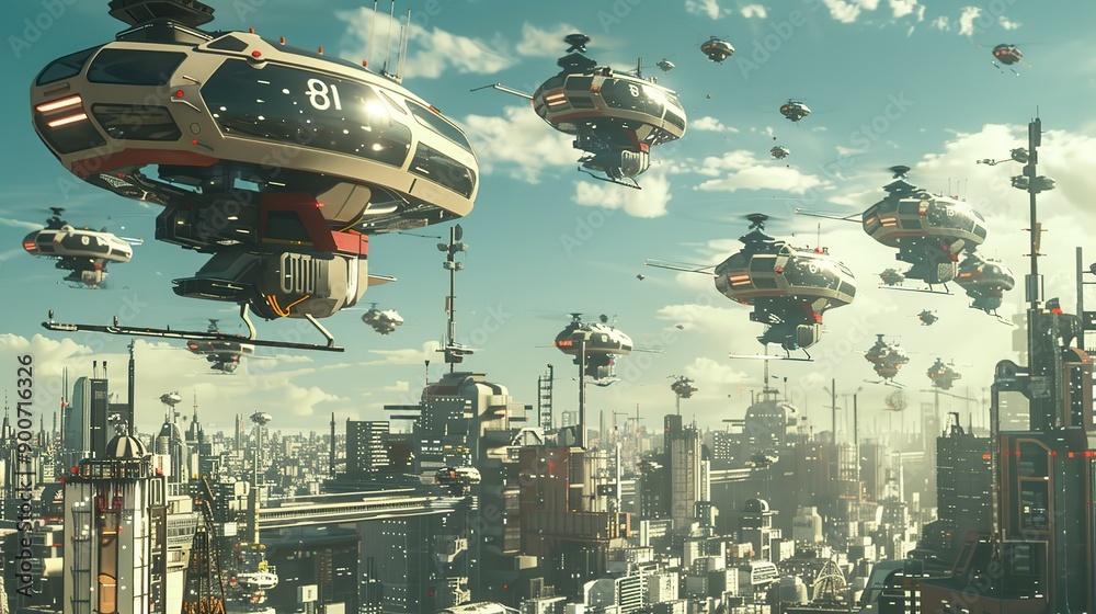 A futuristic city with numerous flying taxis and drones cluttering the sky, leading to aerial traffic congestion and potential accidents A futuristic city with numerous flying taxis and drones cluttering the sky, leading to aerial traffic congestion and potential accidents