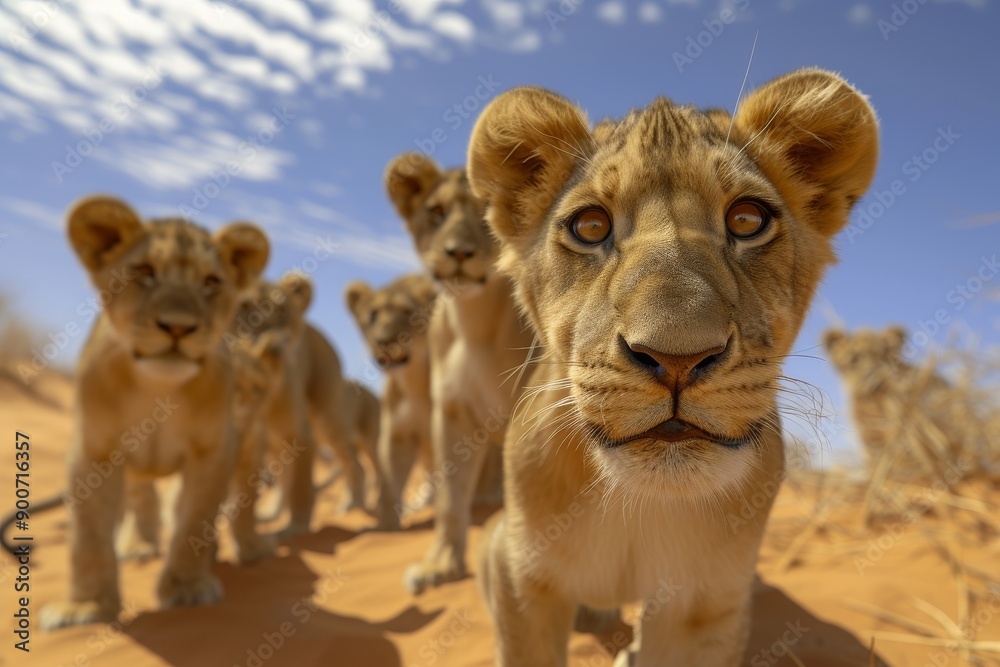 A group of young lion cubs explore the African savanna, their curious eyes scanning the landscape A group of young lion cubs explore the African savanna, their curious eyes scanning the landscape