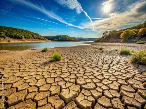 Dry, cracked earth and sparse vegetation dominate the serene landscape of an old lake bed, exposed by the extremely low water level of the reservoir. photo