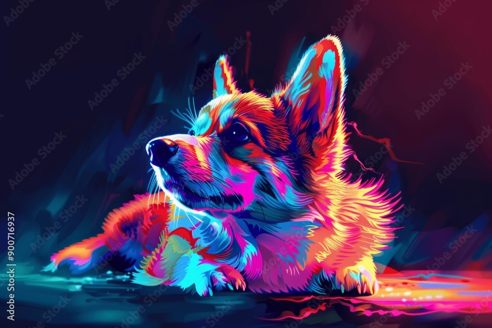 Fototapeta premium Vibrant and futuristic neonillustrated corgi digital artwork with colorful. Electric. And glowing design. Reflecting modern art and technology