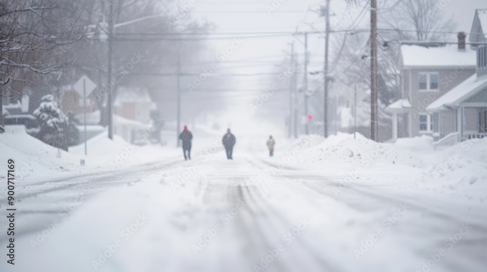 Fototapeta premium People walking on a snowy street during a winter storm, showcasing the beauty and calm of a serene, cold landscape.