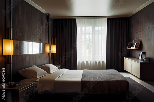 Interior of a room in hotel. Large bed. Interior of a room in a modern hotel. A large bed.
