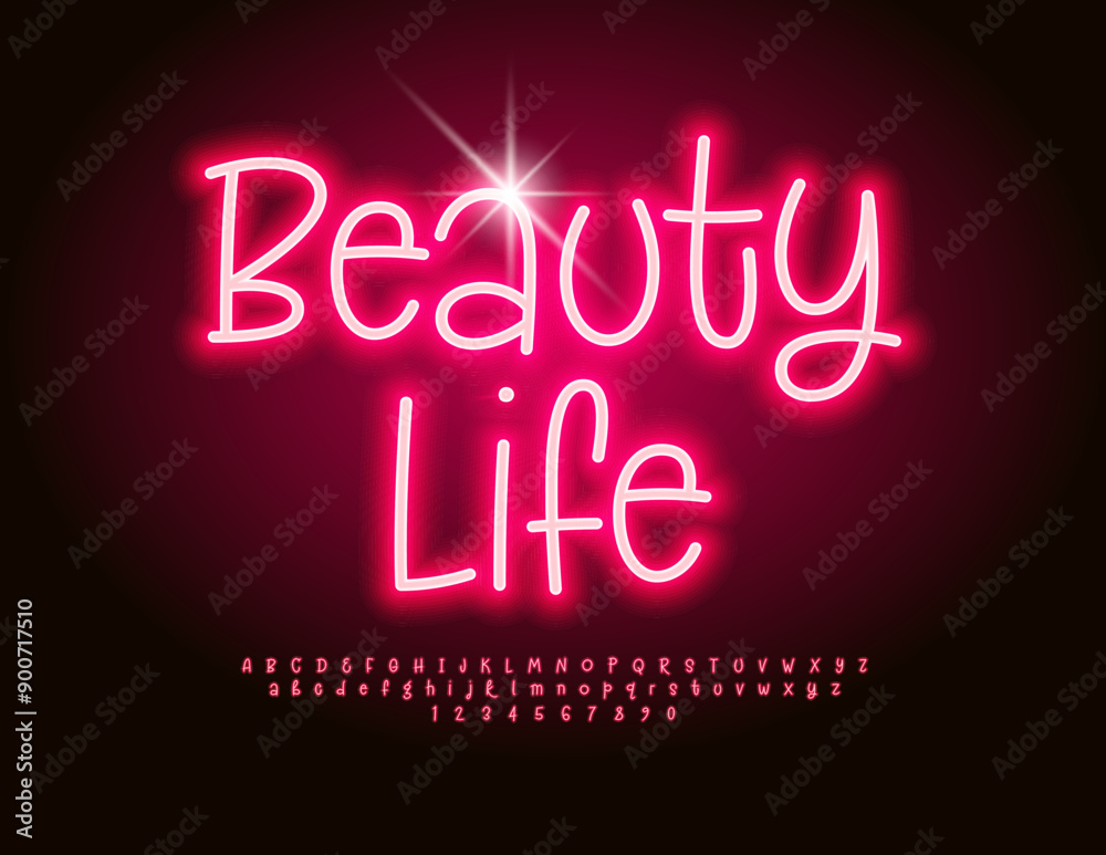 Vector neon template Beauty Life. Glowing Red Font. Trendy Alphabet Letters and Numbers. Vector neon template Beauty Life. Glowing Red Font. Trendy Alphabet Letters and Numbers.