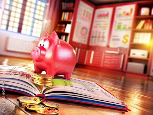 Piggy bank with a stack of books and documents symbolizes financial planning and education