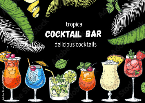 Alcoholic cocktails frame. Hand drawn vector illustration. Tropical Cocktails sketch set. Engraved style.