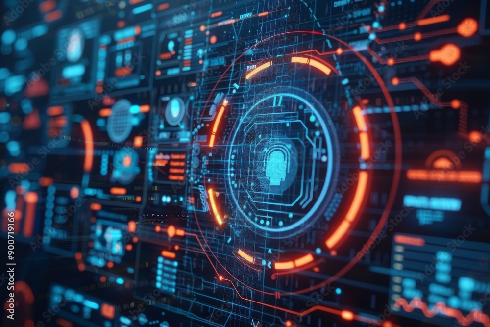 High tech digital interface with data visualization and futuristic design abstract background in vibrant blue and orange hues