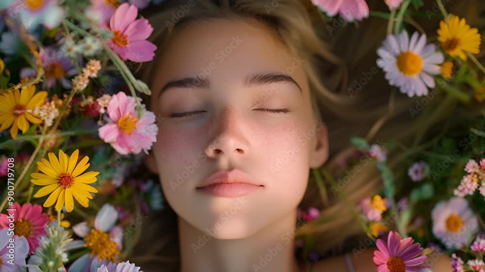 A Serene Moment of a Woman Surrounded by Blossoms in Nature's Embrace A Serene Moment of a Woman Surrounded by Blossoms in Nature's Embrace