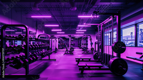 wide angle photo of an modern gym with purple light photo