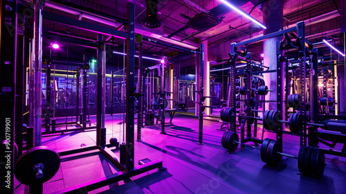 wide angle photo of an modern gym with purple light