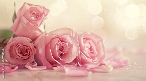 A beautiful bouquet of soft pink roses on a table