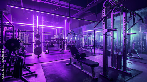 wide angle photo of an modern gym with purple light