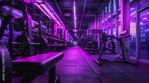 wide angle photo of an modern gym with purple light