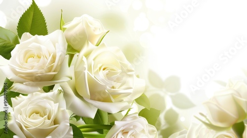 Elegant white roses in soft light with green leaves.