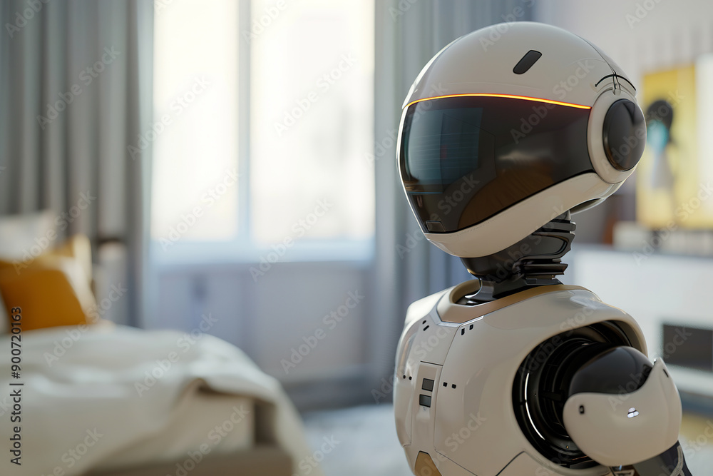 Fototapeta premium Robotic housekeeper in a stylish home setting, designed to showcase the seamless integration of advanced robotics into everyday domestic tasks. Ideal for promoting smart home solutions.