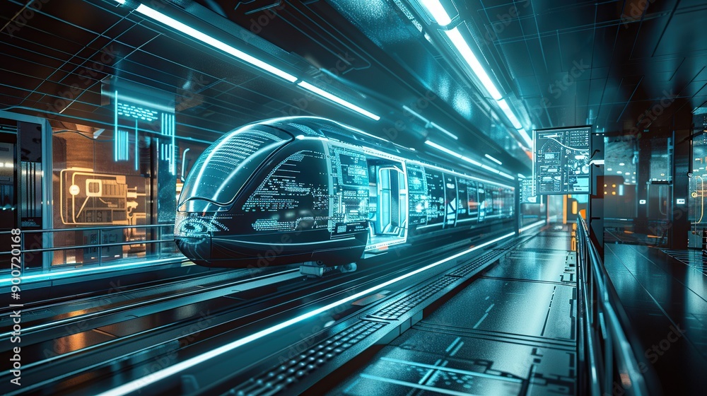 Fototapeta premium A futuristic hyperloop station with a high-speed pod arriving at the platform, surrounded by advanced infrastructure and digital displays