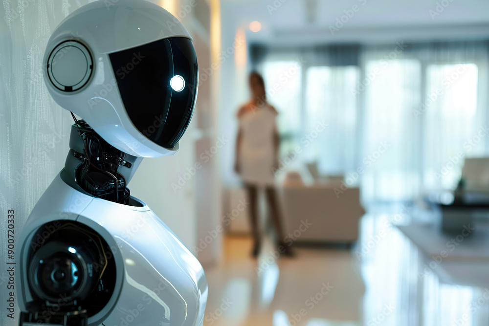High-tech robot with a sleek, glossy design in a modern home setting, observing a blurred figure in the background, ideal for illustrating AI, robotics, and smart home technology. High-tech robot with a sleek, glossy design in a modern home setting, observing a blurred figure in the background, ideal for illustrating AI, robotics, and smart home technology.