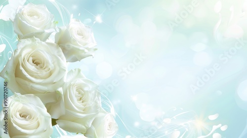 White roses with soft light background, sparkles present.