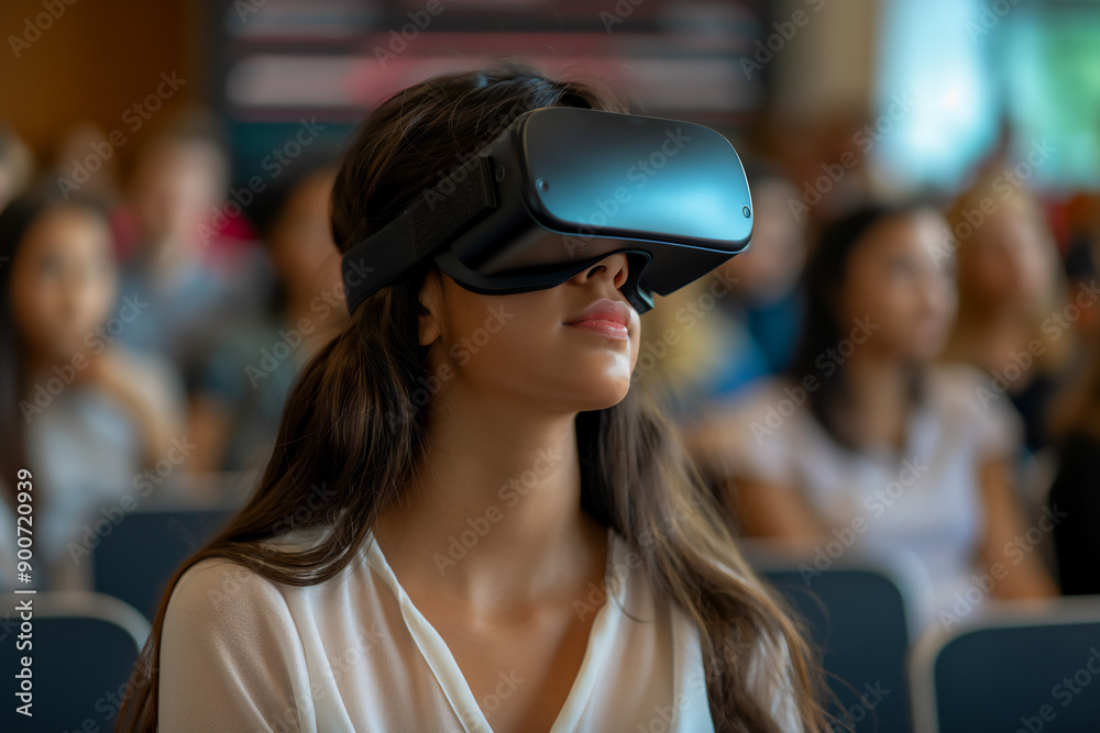 young businesswoman using Virtual Reality headset in business training, copy space young businesswoman using Virtual Reality headset in business training, copy space