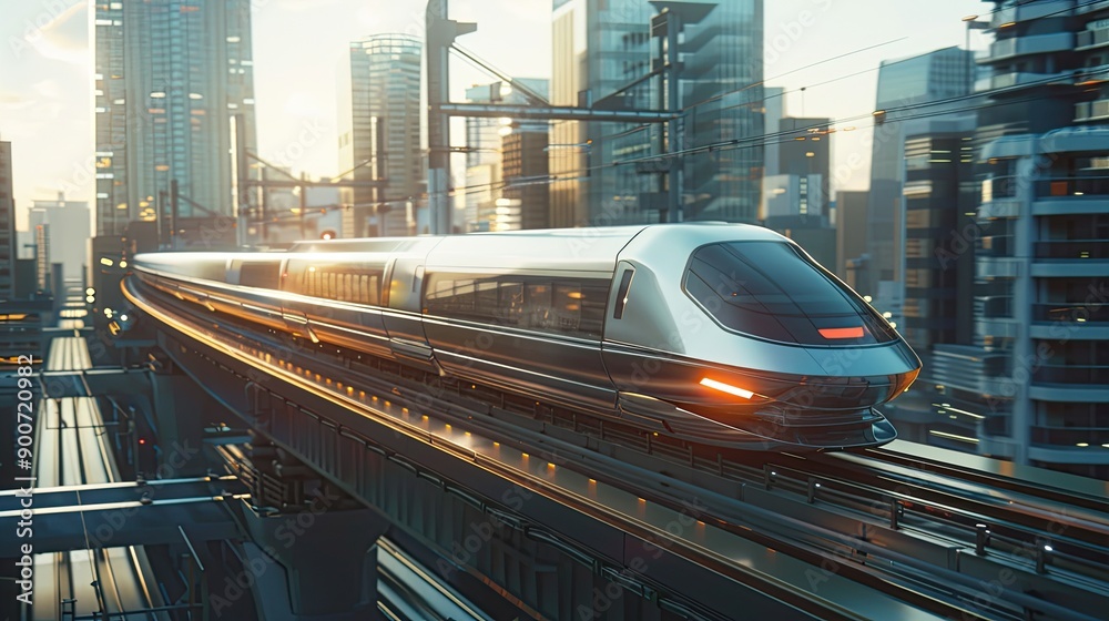 Fototapeta premium A high-tech maglev train speeding through a futuristic urban landscape, showcasing the evolution of high-speed rail technology