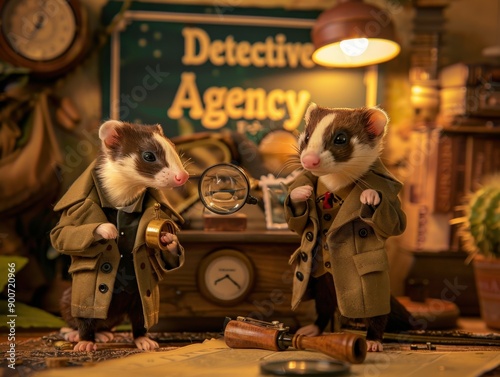 Team of detective meerkats working in their agency office photo