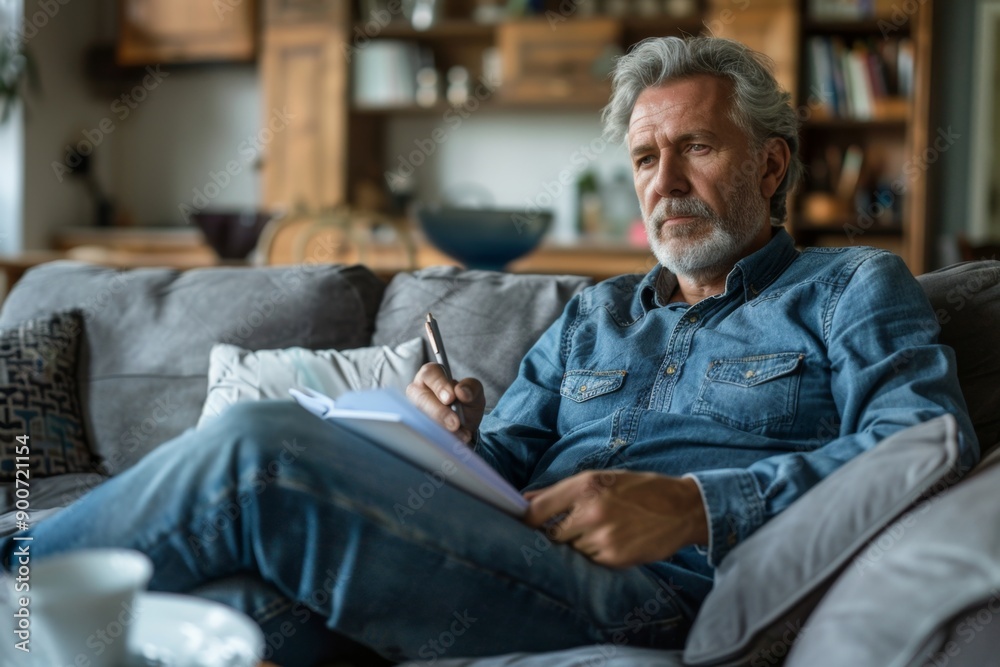 Senior man in denim shirt sits on couch, deeply focused on writing in a notebook. Cozy and relaxed home environment. Captures simplicity of daily routine. Perfect for lifestyle or editorial content Senior man in denim shirt sits on couch, deeply focused on writing in a notebook. Cozy and relaxed home environment. Captures simplicity of daily routine. Perfect for lifestyle or editorial content