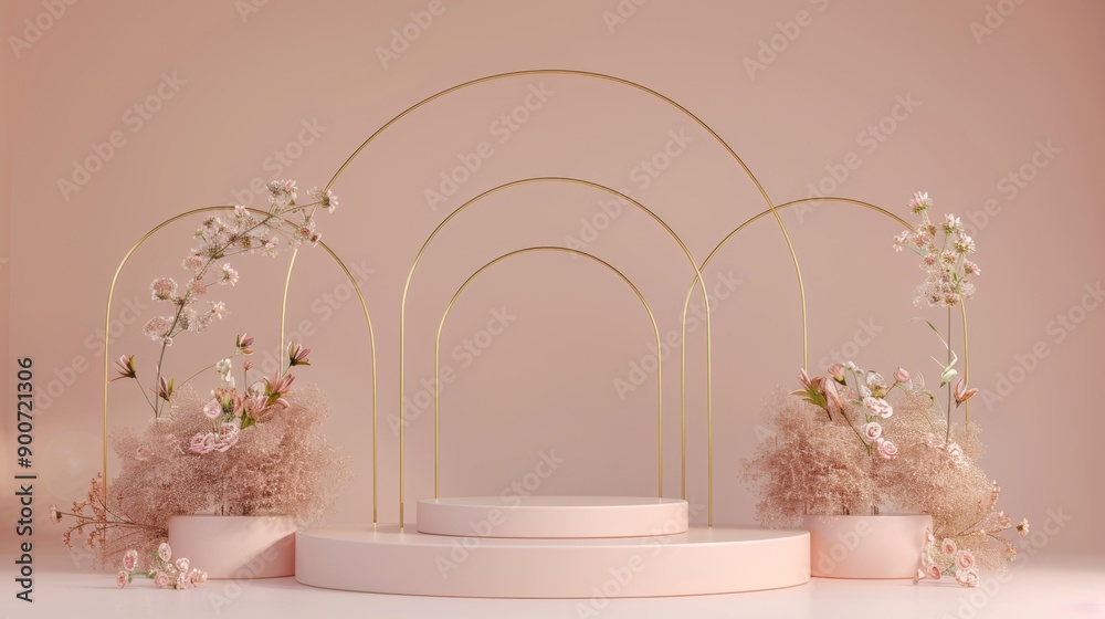 This image presents beautifully crafted floral arrangements set against a soft pastel-colored background, enhanced by gold arches and a sophisticated, minimalist design. This image presents beautifully crafted floral arrangements set against a soft pastel-colored background, enhanced by gold arches and a sophisticated, minimalist design.