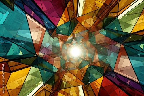 A kaleidoscope of geometric shapes in various shades of blue, green, yellow, and red, are seen in freefall through a bright light