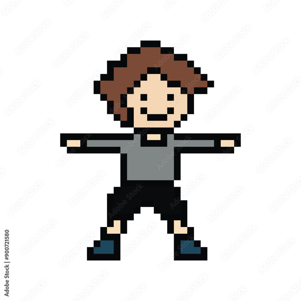 Fototapeta premium Cute pixel cartoon 8bit character man exercises training dance lifestyle music decoration life style 8 bit male boy dance with music game fitness isolated PNG vector.