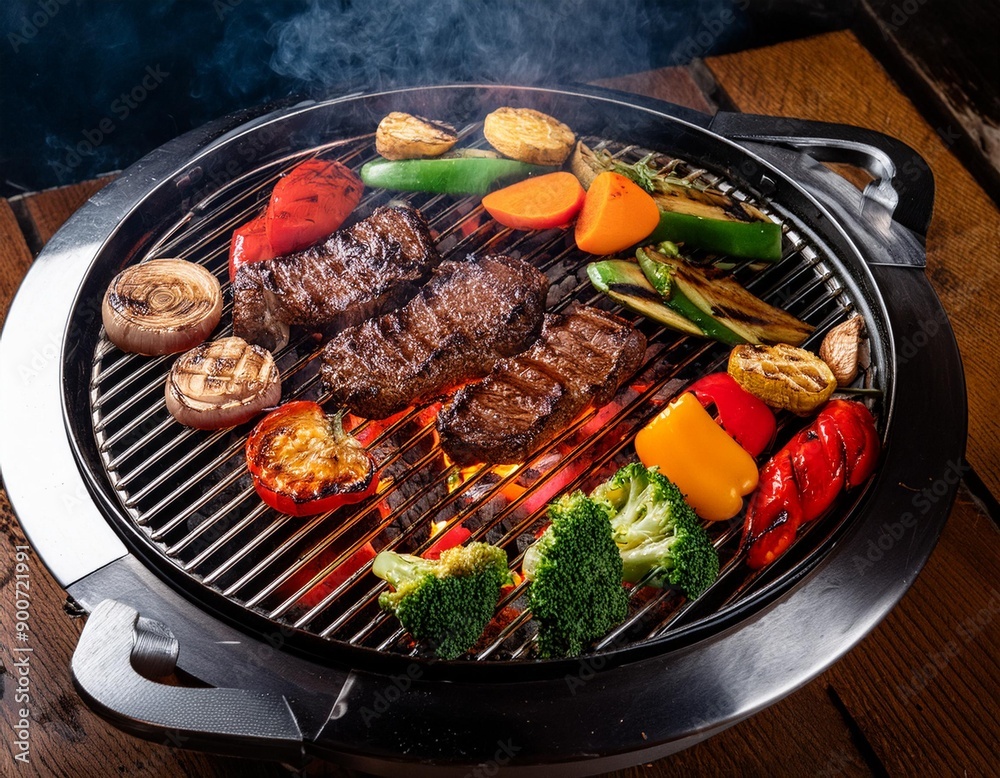 A grill filled with vegetables and meats, ready for an asado feast - traditional argentinian asado A grill filled with vegetables and meats, ready for an asado feast - traditional argentinian asado