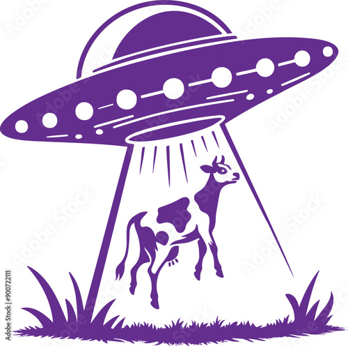 Vector monochrome illustration of alien flying saucer abducting cow from meadow on transparent background