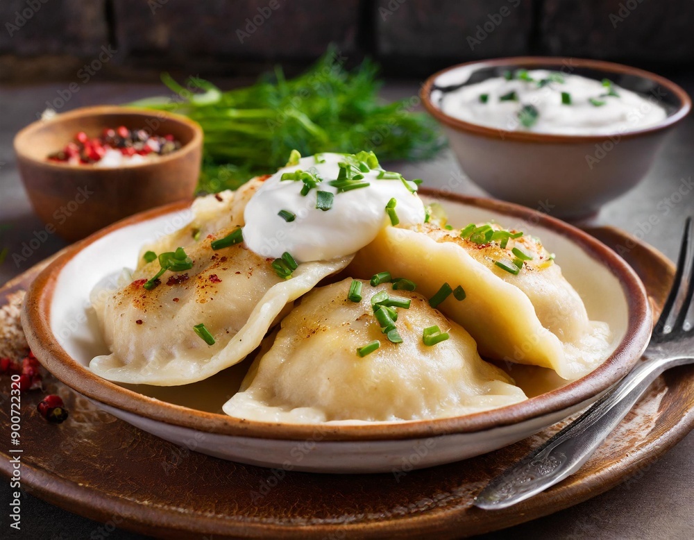 Close-up of a plate of traditional Polish pierogi filled with cheese and potatoes, garnished - traditional polish food Close-up of a plate of traditional Polish pierogi filled with cheese and potatoes, garnished - traditional polish food